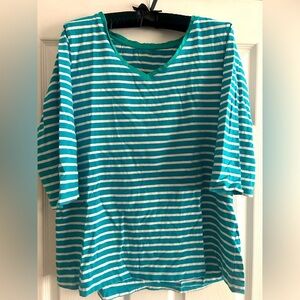 Avenue Women's Plus Size Tee V Neck Ess 3/4 Sleeve, Green/White Stripe, 14/16